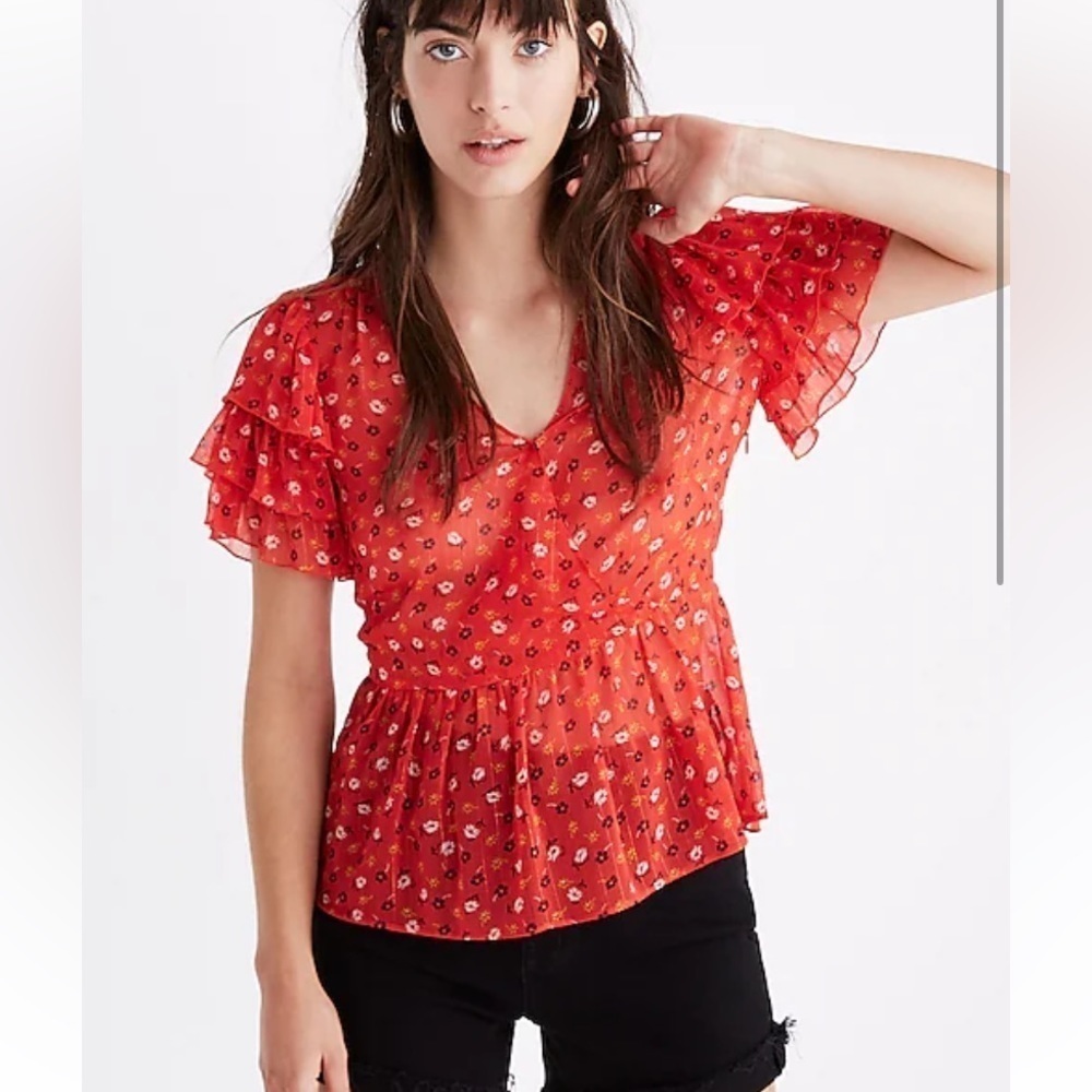 Madewell Red Tiered-Sleeve Peplum Top in Metallic Prairie Posies